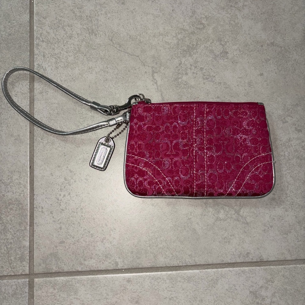 Coach Fuchsia Signature Wristlet with Silver Strap